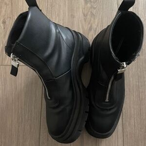 H&M Black Leather Boots with Silver Zipper